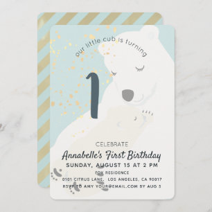 Polar Bear Mom & Cub Blue 1st Birthday Invitation