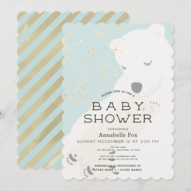 Polar Bear Mom & Cub Blue Baby Shower Invitation (Front/Back)