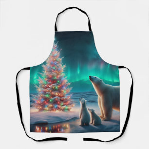 Polar Bear Mom Cubs Christmas Tree Aurora Borealis Apron