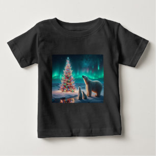Polar Bear Mom Cubs Christmas Tree Aurora Borealis Baby T-Shirt