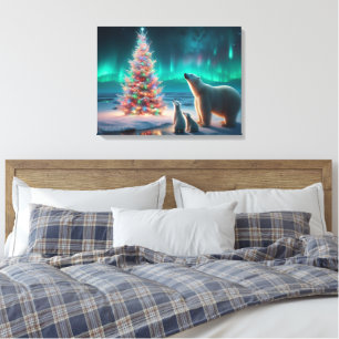 Polar Bear Mom Cubs Christmas Tree Aurora Borealis Canvas Print