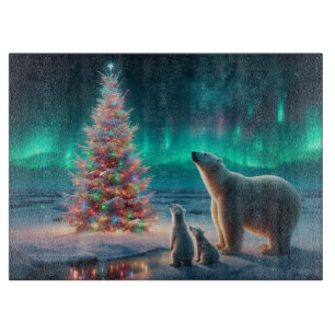 Polar Bear Mom Cubs Christmas Tree Aurora Borealis Cutting Board