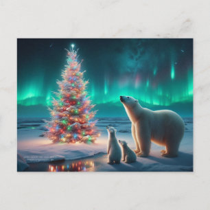 Polar Bear Mom Cubs Christmas Tree Aurora Borealis Holiday Postcard