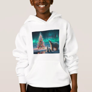 Polar Bear Mom Cubs Christmas Tree Aurora Borealis Hoodie