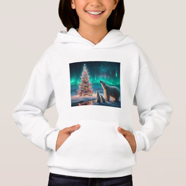 Polar Bear Mom Cubs Christmas Tree Aurora Borealis Hoodie (Front)