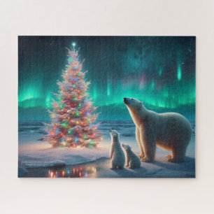 Polar Bear Mom Cubs Christmas Tree Aurora Borealis Jigsaw Puzzle