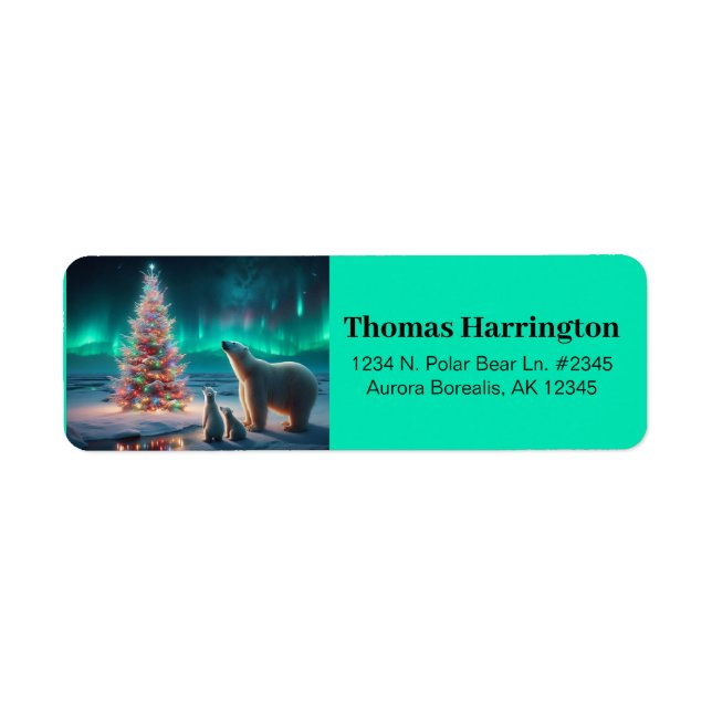 Polar Bear Mom Cubs Christmas Tree Aurora Borealis Label (Front)
