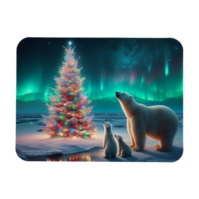 Polar Bear Mom Cubs Christmas Tree Aurora Borealis Magnet (Horizontal)