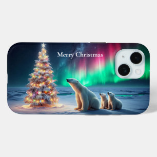 Polar Bear Mom Cubs Christmas Tree Northern Lights iPhone 15 Case