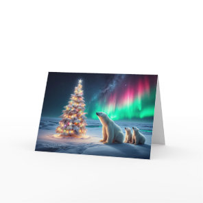 Polar Bear Mom Cubs Christmas Tree Northern Lights Holiday Card