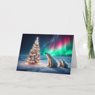 Polar Bear Mom Cubs Christmas Tree Northern Lights Holiday Card