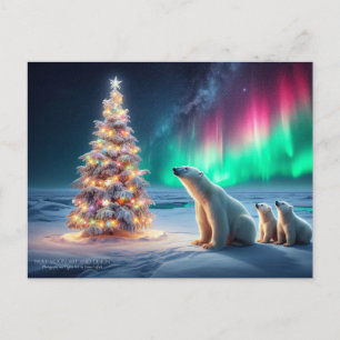 Polar Bear Mom Cubs Christmas Tree Northern Lights Holiday Postcard