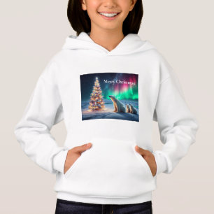 Polar Bear Mom Cubs Christmas Tree Northern Lights Hoodie