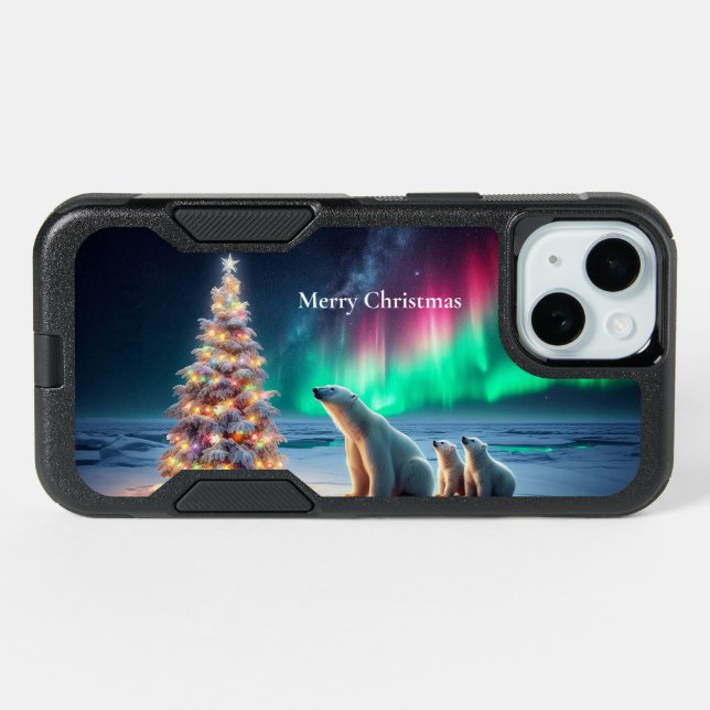 Polar Bear Mom Cubs Christmas Tree Northern Lights iPhone 15 Case (Back Horizontal)