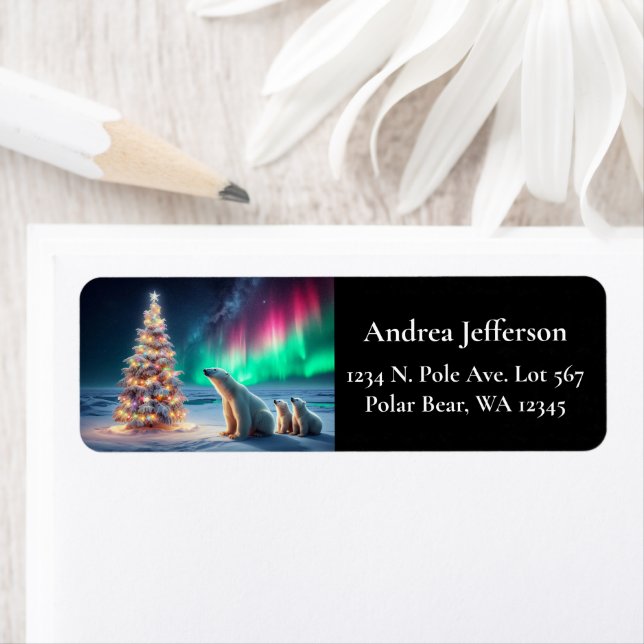 Polar Bear Mom Cubs Christmas Tree Northern Lights Label (Insitu)
