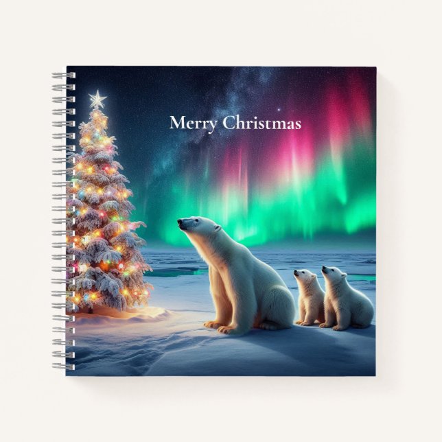 Polar Bear Mom Cubs Christmas Tree Northern Lights Notebook (Front)