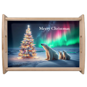 Polar Bear Mom Cubs Christmas Tree Northern Lights Serving Tray
