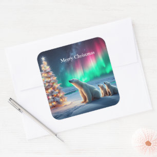Polar Bear Mom Cubs Christmas Tree Northern Lights Square Sticker