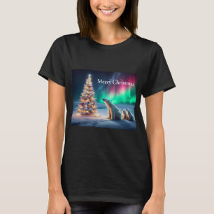 Polar Bear Mom Cubs Christmas Tree Northern Lights T-Shirt