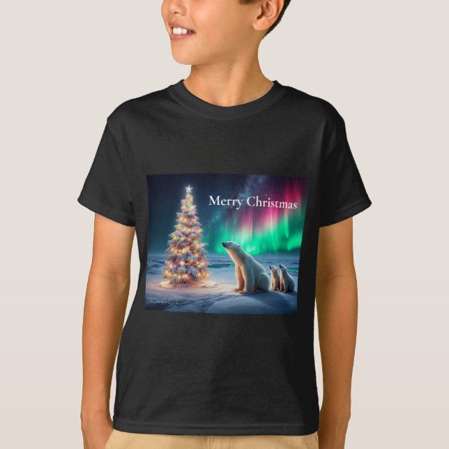 Polar Bear Mom Cubs Christmas Tree Northern Lights T-Shirt (Front)