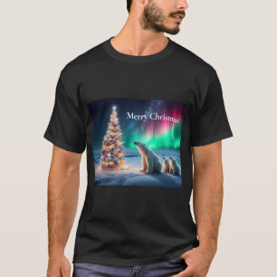 Polar Bear Mom Cubs Christmas Tree Northern Lights T-Shirt