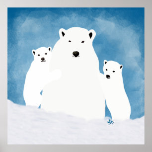 Polar Bear Mom With Cubs Illustration Poster