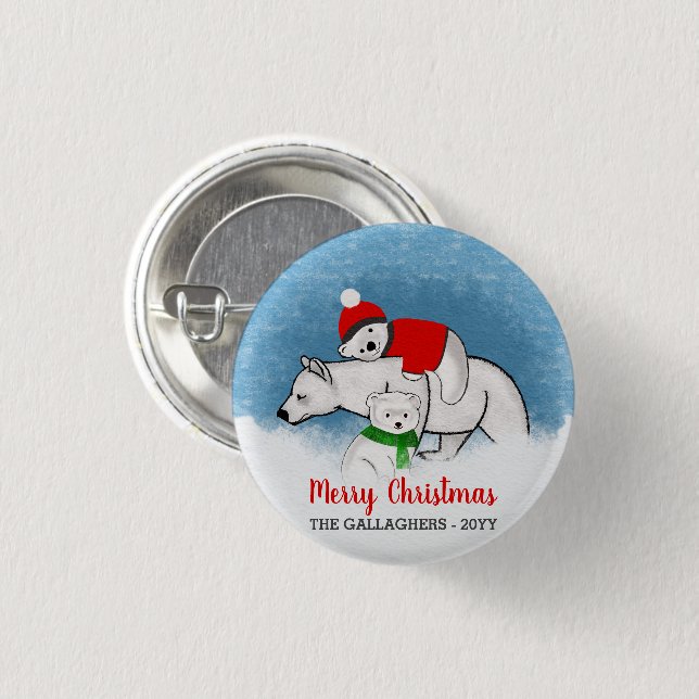 Polar Bear Mom With Cubs Merry Christmas Button (Front & Back)