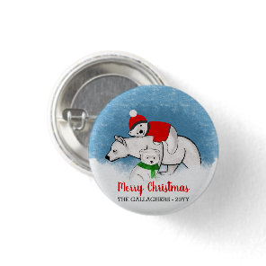 Polar Bear Mom With Cubs Merry Christmas Button