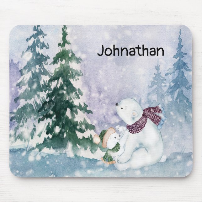 Polar Bear Mother and Baby with Snowy Scenic Mouse Pad (Front)