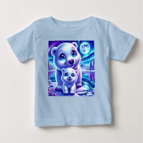 Polar Bear Mother and Cub Under Northern Lights Baby T_Shirt