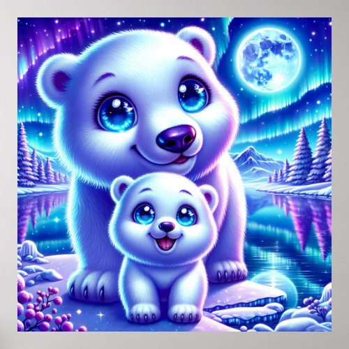 Polar Bear Mother and Cub Under Northern Lights Poster