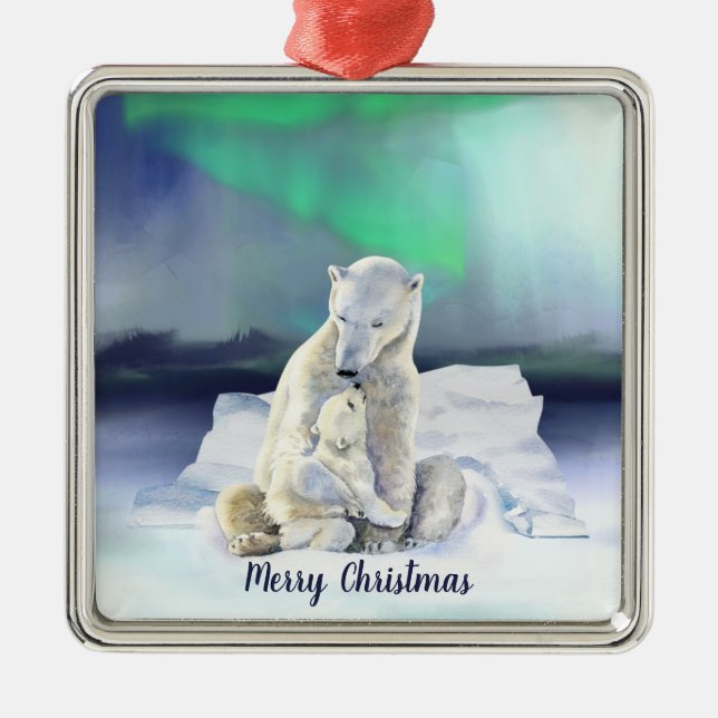 Polar Bear Mother & Baby Christmas Metal Ornament (Front)