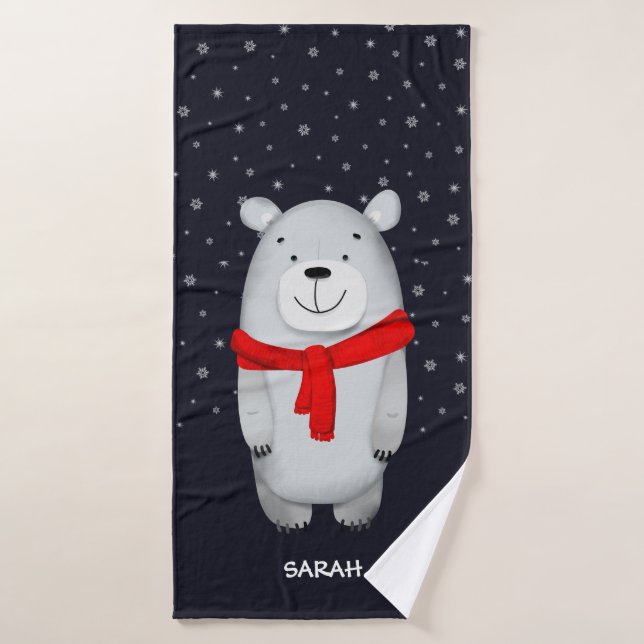 Polar Bear Navy Snow Winter Personalized Bath Towel (Bath Towel)