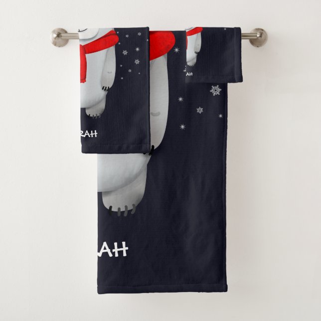 Polar Bear Navy Snow Winter Personalized Bath Towel Set (Insitu)