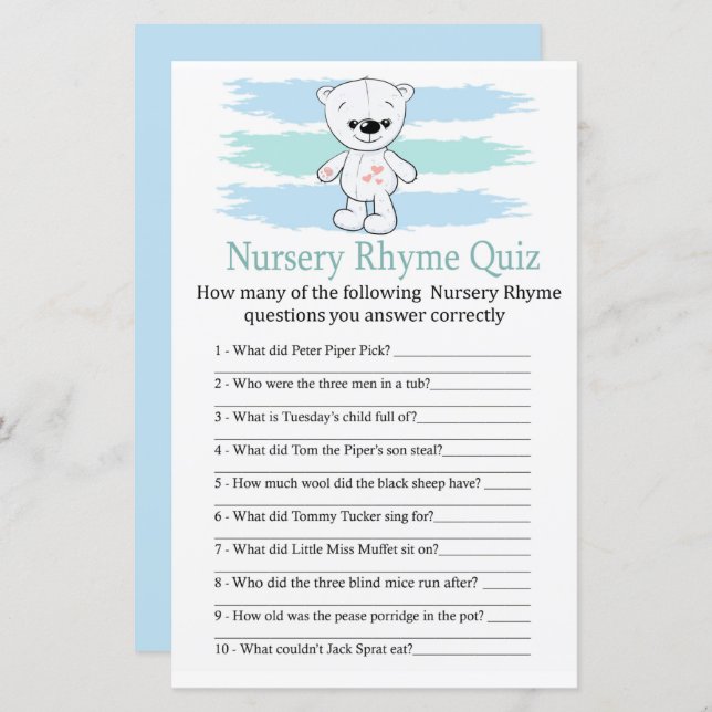 Polar bear Nursery Rhyme Quiz baby shower game (Front/Back)