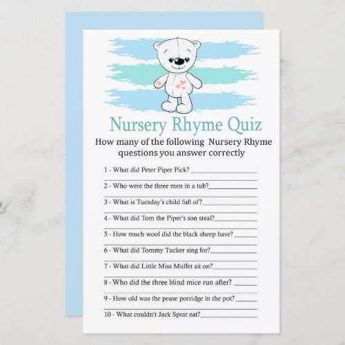 Polar bear Nursery Rhyme Quiz baby shower game