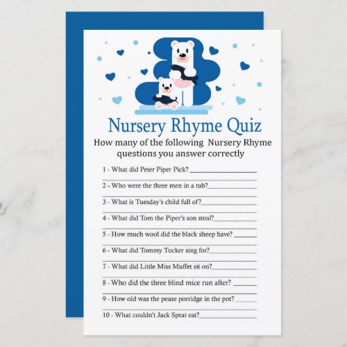 Polar bear Nursery Rhyme Quiz baby shower game
