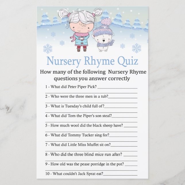 polar bear Nursery Rhyme Quiz baby shower game (Front)