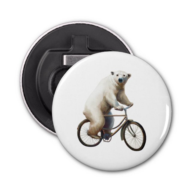 Polar Bear On Bicycle Button Bottle Opener (Front)