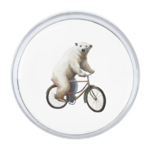 Polar Bear On Bicycle Silver Finish Lapel Pin
