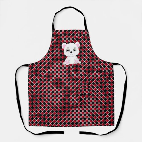 Polar bear on black and red checkered pattern apron