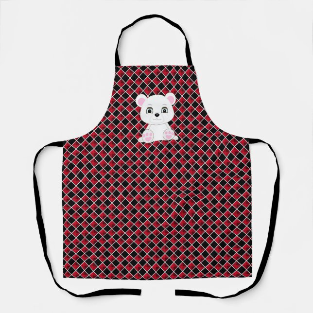 Polar bear on black and red checkered pattern apron (Front)