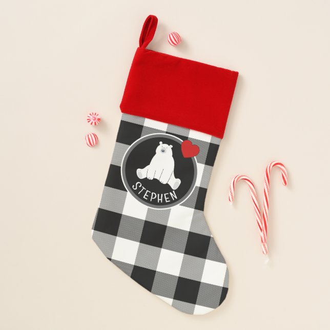 Polar Bear on Black and White Buffalo Check Christmas Stocking (Front)