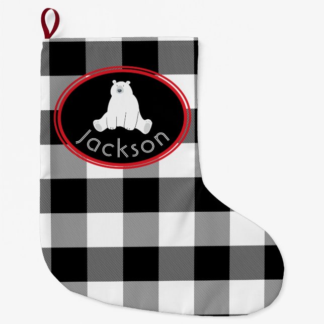 Polar Bear on Black and White Buffalo Check Large Christmas Stocking (Front)