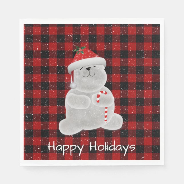 Polar Bear on Buffalo Plaid  Napkins (Front)