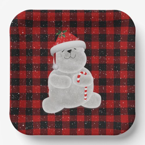 Polar Bear on Buffalo Plaid   Paper Plates