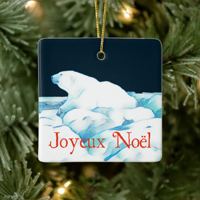 Polar Bear On Ice - Joyeux Noёl Ceramic Ornament (Tree)