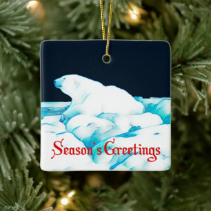 Polar Bear On Ice - Season's Greetings Ceramic Ornament