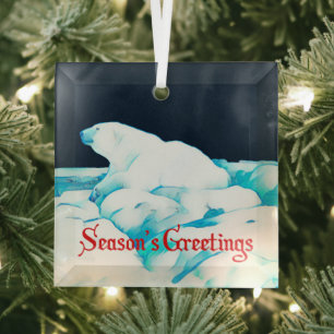 Polar Bear On Ice - Season's Greetings Glass Ornament