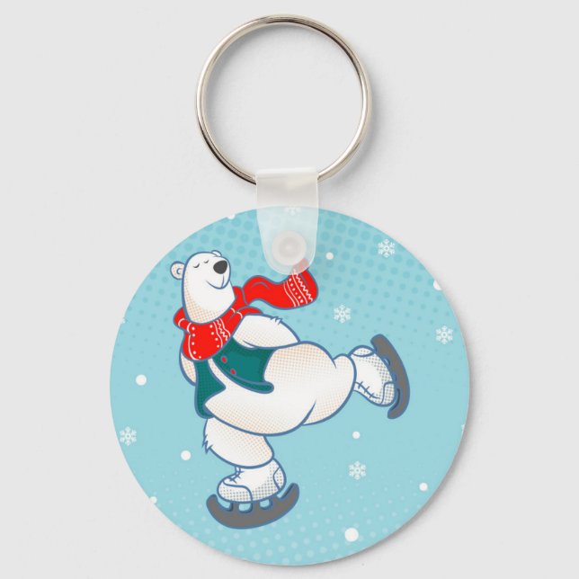 Polar bear on ice skates keychain (Front)